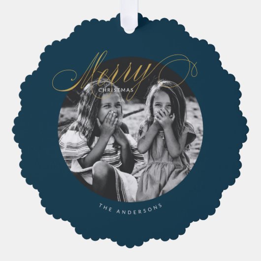 メリークリスマススクファンシーリプトモダン オーナメントカード (正面)