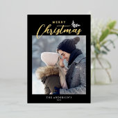 メリークリスマススクモダンリットフォトブラック金ゴールド 箔シーズンカード (立ち正面)