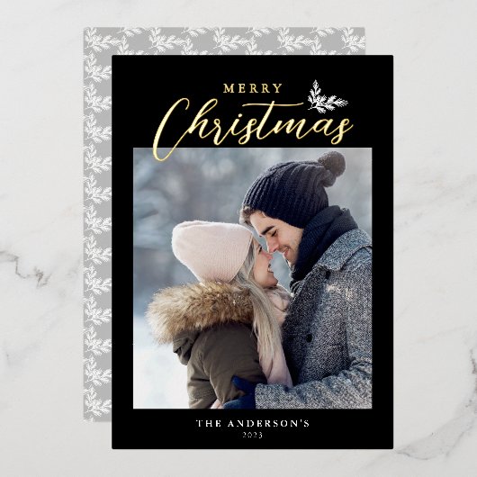 メリークリスマススクモダンリットフォトブラック金ゴールド 箔シーズンカード (正面/裏面)