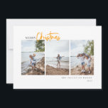 メリークリスマススクモダンリプトのミニマリスト写真 シーズンカード<br><div class="desc">メリークリスマスモダン、ミニマルタイポグラフィデザイン、3縦中心の写真、クリスマスカード。機能、黄色のモダンスクリプト"クリスマス"と調整黄色の色のバック無地のング。テンプレート文字明細の名称と年。</div>