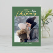 メリークリスマススクモダンリプト写真グリーン金ゴールド 箔シーズンカード (立ち正面)