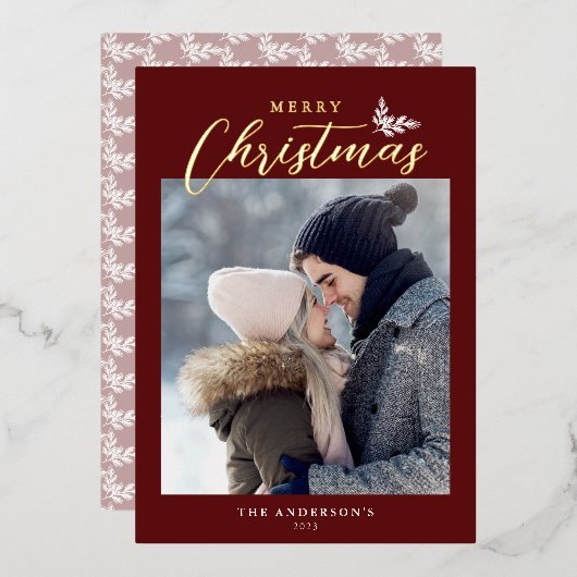 メリークリスマススクモダンリプト写真赤金ゴールド 箔シーズンカード (正面/裏面)