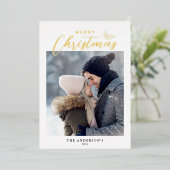 メリークリスマススクモダンリプト写真金ゴールド 箔シーズンカード (立ち正面)