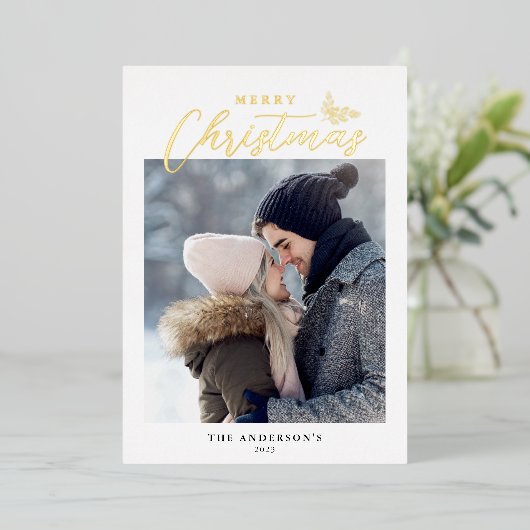 メリークリスマススクモダンリプト写真金ゴールド 箔シーズンカード (立ち正面)