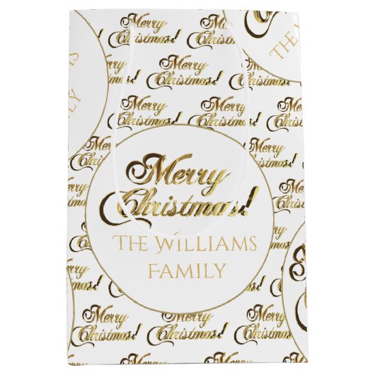 メリークリスマススクリプエレガントトの白い金ゴールド追加の名前 ミディアムペーパーバッグ (正面)