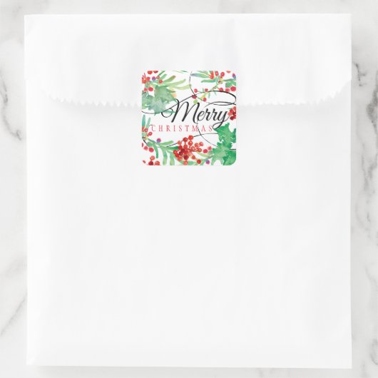 メリークリスマススクリプトウォーターカラーホリーホリデー スクエアシール (バッグ)