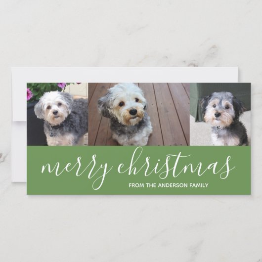 メリークリスマススクリプトグリーン – 3枚の写真 シーズンカード (正面)