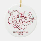 メリークリスマススクリプトタイポグラフィ名レッドホワイト セラミックオーナメント (正面)
