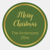 メリークリスマススクリプトダークグリーン&金ゴールド名年 ラウンドシール (正面)