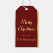 メリークリスマススクリプトダークレッドと金ゴールドあなたの名前 ギフトタグ (正面)