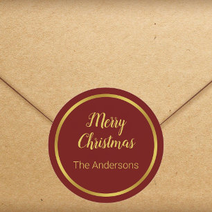 メリークリスマススクリプトダークレッドと金ゴールドあなたの名前 ラウンドシール
