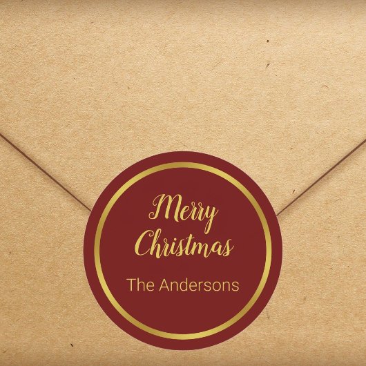 メリークリスマススクリプトダークレッドと金ゴールドあなたの名前 ラウンドシール