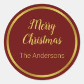 メリークリスマススクリプトダークレッドと金ゴールドあなたの名前 ラウンドシール (正面)
