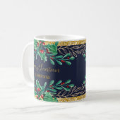 メリークリスマススクリプトネイビー金ゴールドレッドウォーター色 コーヒーマグカップ (正面左)