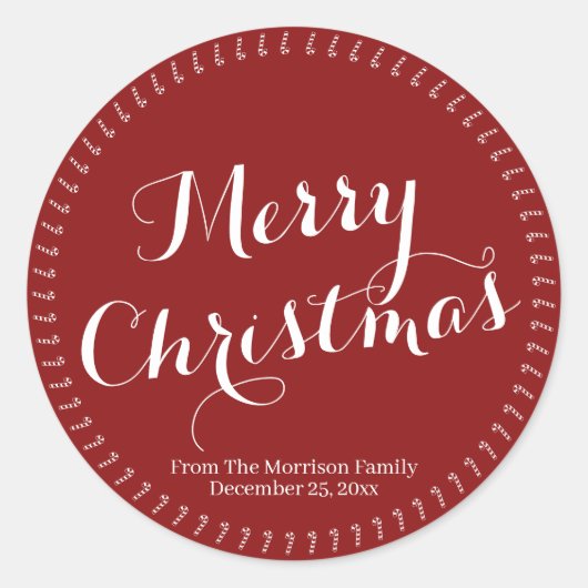 メリークリスマススクリプトバーガンディ名前をカスタムする ラウンドシール (正面)