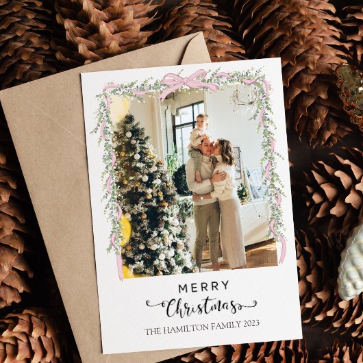 メリークリスマススクリプトピンクボウガーランドの写真 シーズンカード