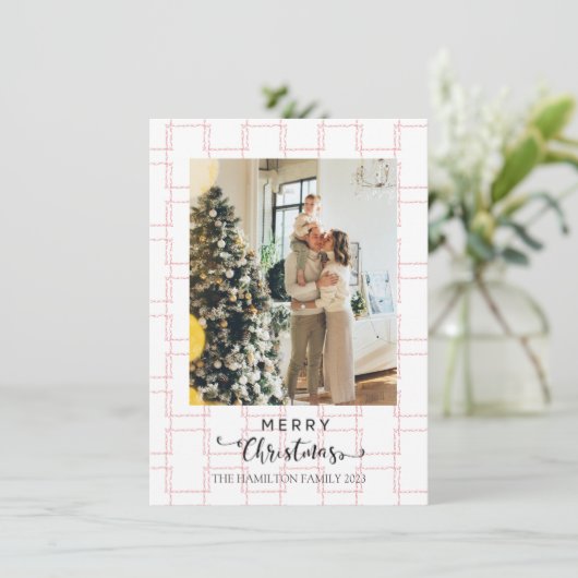 メリークリスマススクリプトピンク幾何学写真 シーズンカード (スタンド正面)