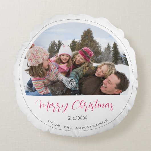 メリークリスマススクリプトファミリーフォトキープサケ ラウンドクッション (正面)