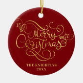 メリークリスマススクリプトフェイク金ゴールドあなたの色 セラミックオーナメント (正面)