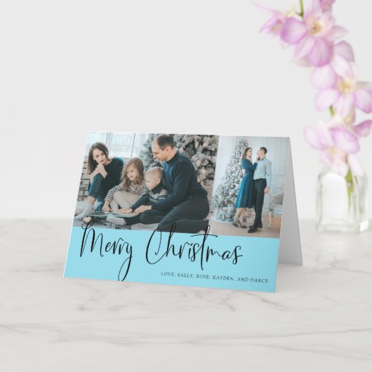 メリークリスマススクリプトフォトコラージホリデーブルー カード (蘭)