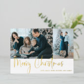 メリークリスマススクリプトフォトホリデーモダン金ゴールド 箔シーズンカード (立ち正面)