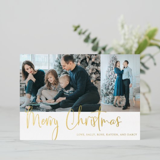 メリークリスマススクリプトフォトホリデーモダン金ゴールド 箔シーズンカード (立ち正面)