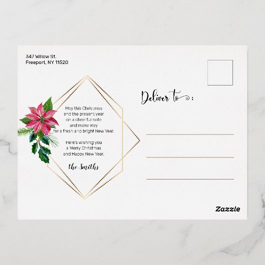 メリークリスマススクリプトフローラ(金ゴールドビーズ付きフレーム) 箔シーズンポストカード (裏面)