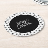 メリークリスマススクリプトブラックスノーフレーク ラウンドペーパーコースター (アングル)