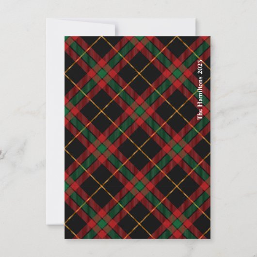 メリークリスマススクリプトブラックプレイドフォトホリデー ノートカード (裏面)