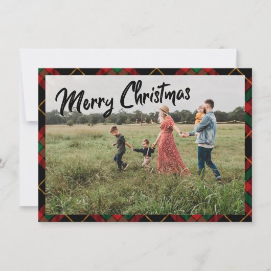 メリークリスマススクリプトブラックプレイドフォトホリデー ノートカード (正面)