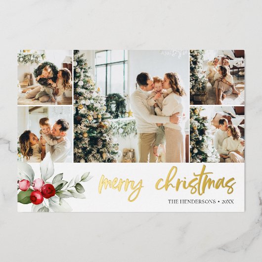 メリークリスマススクリプトベリー葉ズフォトコラージュ 箔シーズンカード (正面)