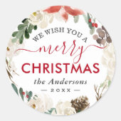 メリークリスマススクリプトポインセチアフローラリース ラウンドシール (正面)