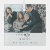 メリークリスマススクリプトモダンフォトシックミニマル ガラスオーナメント (正面)