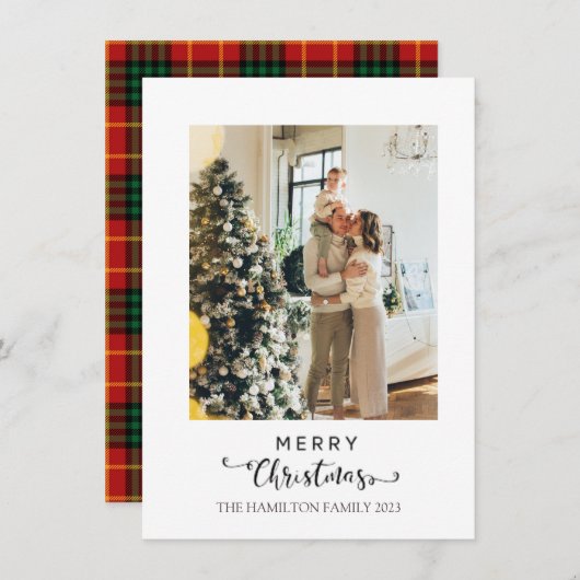 メリークリスマススクリプトレッドプレイドタータンチェック写真 シーズンカード (正面/裏面)