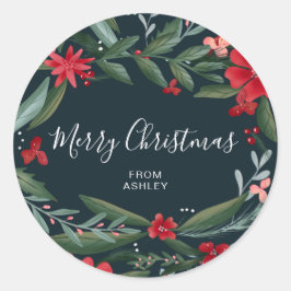 メリークリスマススクリプト冬のフローラ赤い緑 ラウンドシール