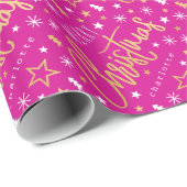 メリークリスマススクリプト名前をカスタムするピンクフェイク金ゴールド ラッピングペーパー (ロールコーナー)