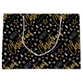 メリークリスマススクリプト名前をカスタムするブラックフェイク金ゴールド ラージペーパーバッグ (正面)