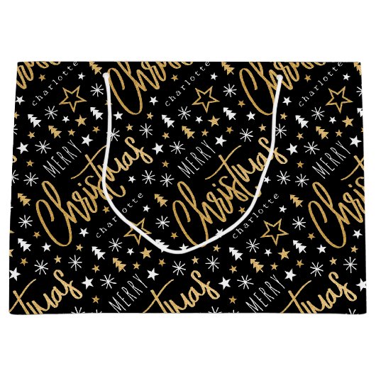 メリークリスマススクリプト名前をカスタムするブラックフェイク金ゴールド ラージペーパーバッグ (正面)
