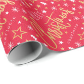 メリークリスマススクリプト名前をカスタムするレッドフェイク金ゴールド ラッピングペーパー (ロールコーナー)