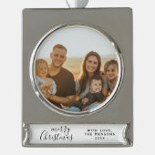 メリークリスマススクリプト家族写真 シルバープレートバナーオーナメント (正面)