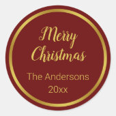 メリークリスマススクリプト暗赤色と金ゴールド名年 ラウンドシール (正面)