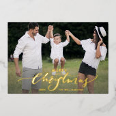 メリークリスマススクリプト書道2枚の写真金ゴールド 箔招待状 (正面)