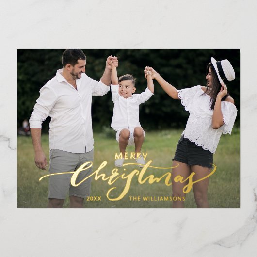 メリークリスマススクリプト書道2枚の写真金ゴールド 箔招待状 (正面)