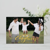 メリークリスマススクリプト書道2枚の写真金ゴールド 箔招待状 (立ち正面)