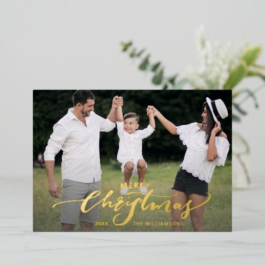メリークリスマススクリプト書道2枚の写真金ゴールド 箔招待状 (立ち正面)