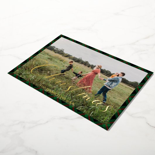 メリークリスマススクリプト海軍のプレイド写真の休日 箔招待状 (回転した状態)