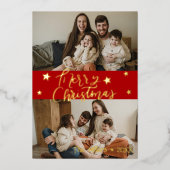 メリークリスマススクリプト金ゴールドスター2フォトレッド 箔シーズンカード (正面)