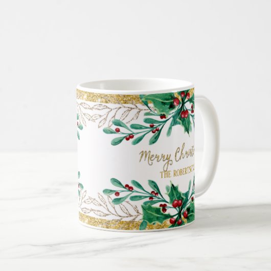 メリークリスマススクリプト金ゴールド水の色ホリーベリー コーヒーマグカップ (正面右)