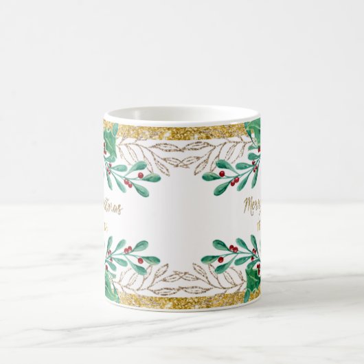 メリークリスマススクリプト金ゴールド水の色ホリーベリー コーヒーマグカップ (中央)