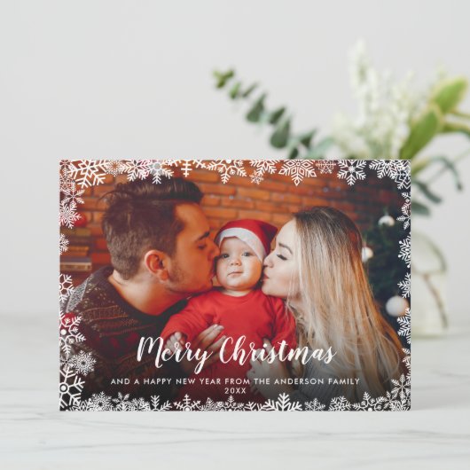 メリークリスマススクリプト雪片写真 シーズンカード (スタンド正面)